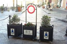 container structure for road sign with planters with wheels 